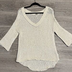 Free People Cream Open-Knit V-Neck Sweater - Size SP